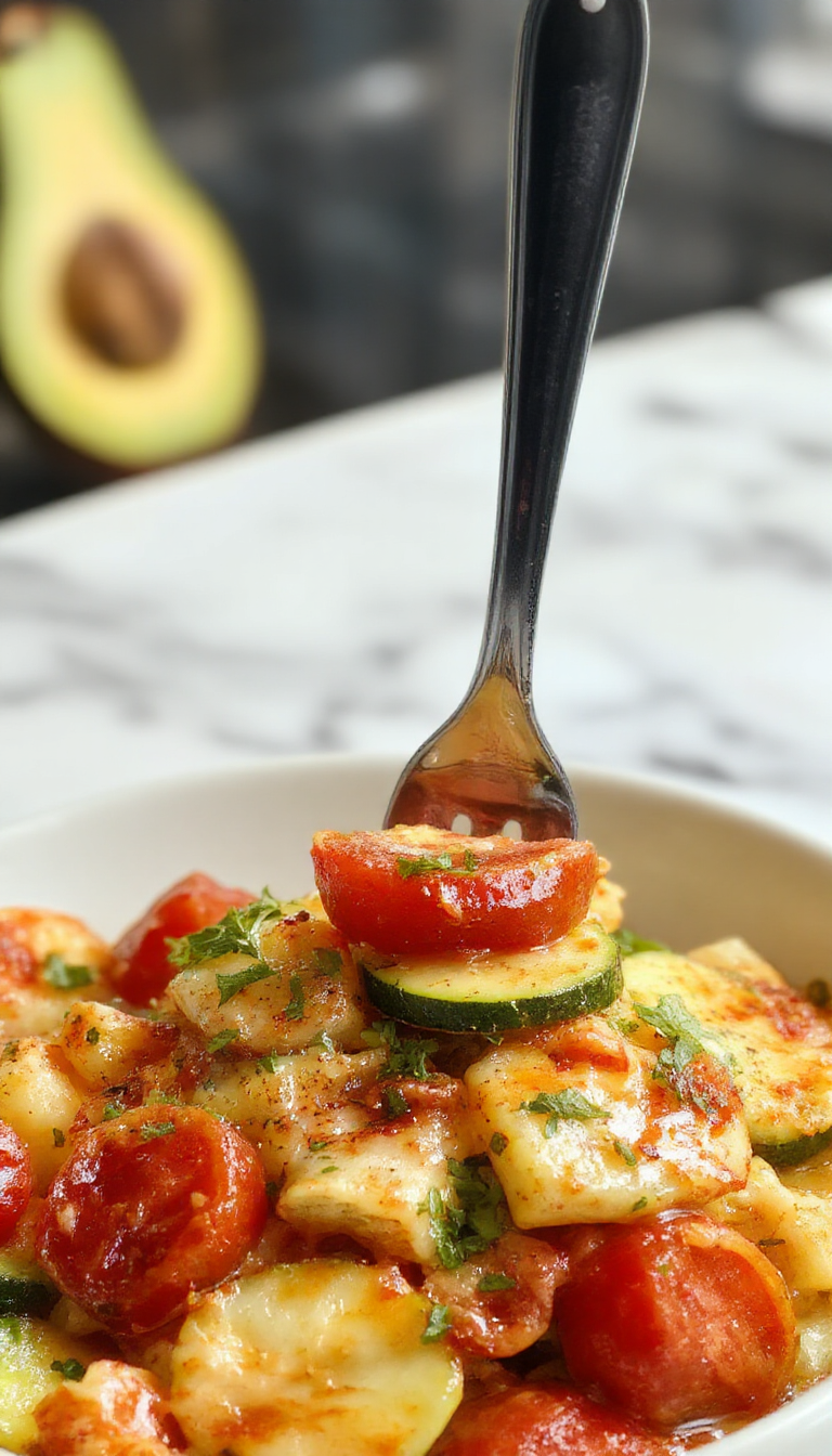 Colorful plate of zucchini noodles topped with ripe cherry tomatoes, drizzled with olive oil, garnished with fresh basil and grated cheese, showcasing vibrant green and red hues with a textured, fresh presentation.