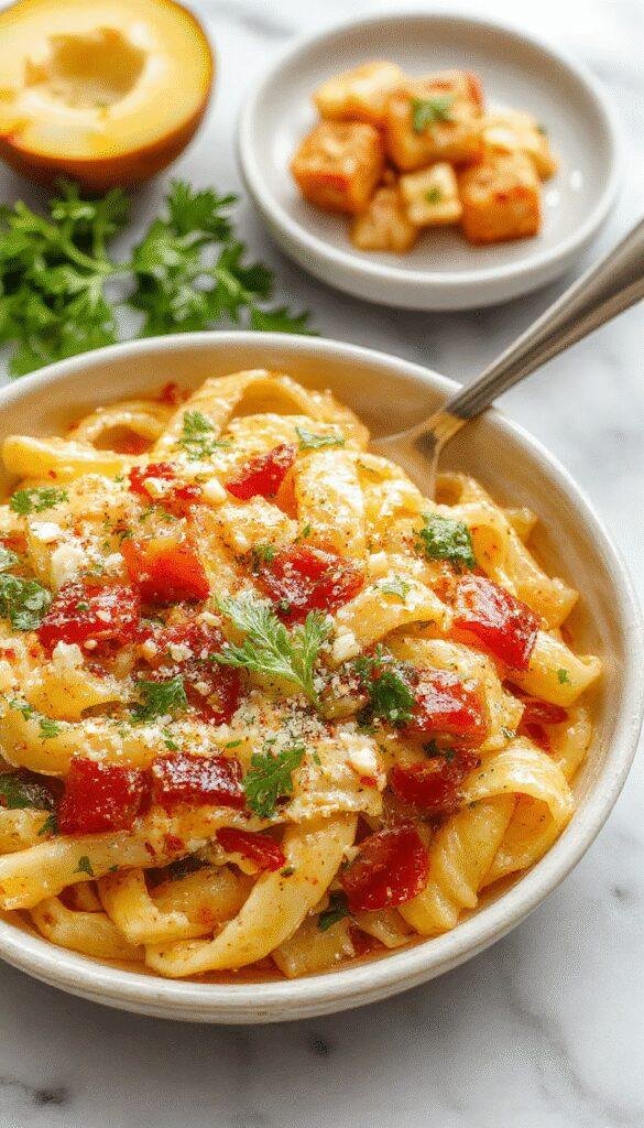 A vibrant plate of pasta primavera featuring spiral pasta coated in a glossy sauce, topped with colorful sautéed bell peppers, cherry tomatoes, zucchini, and fresh basil, arranged invitingly on a white ceramic dish with a rustic wooden background and natural lighting showing the textures and bright colors.