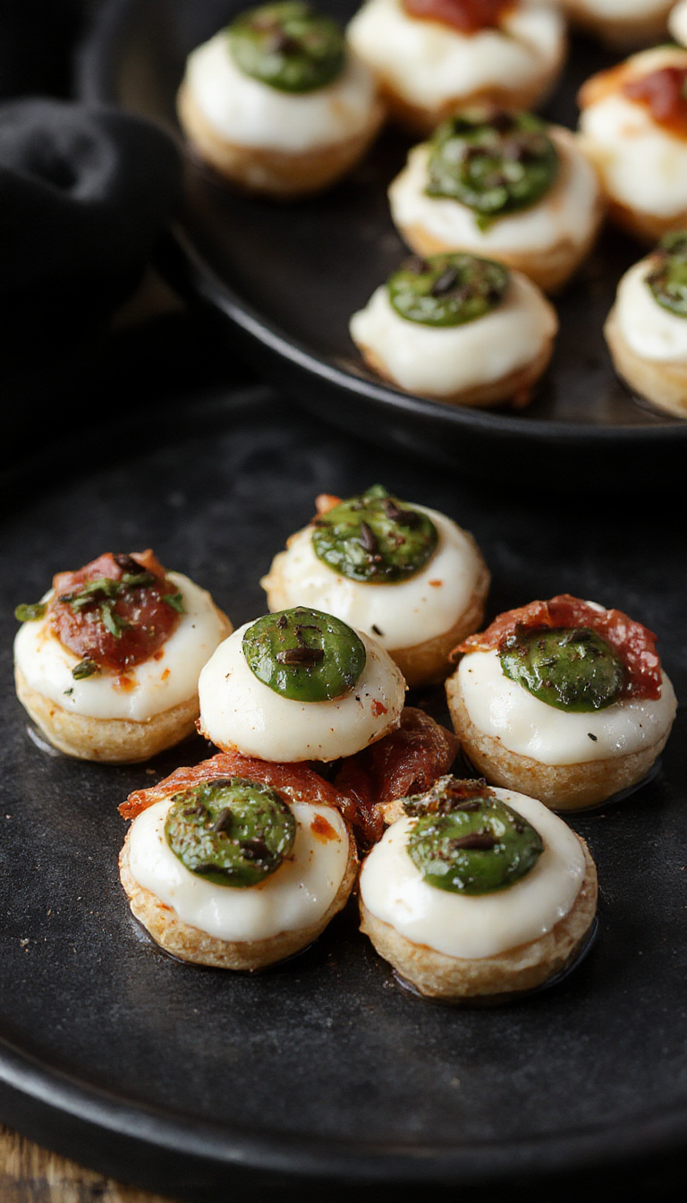 Spooky Halloween Eye Bites with salami and mozzarella, featuring round mozzarella slices topped with olives to resemble creepy eyes on a plate.