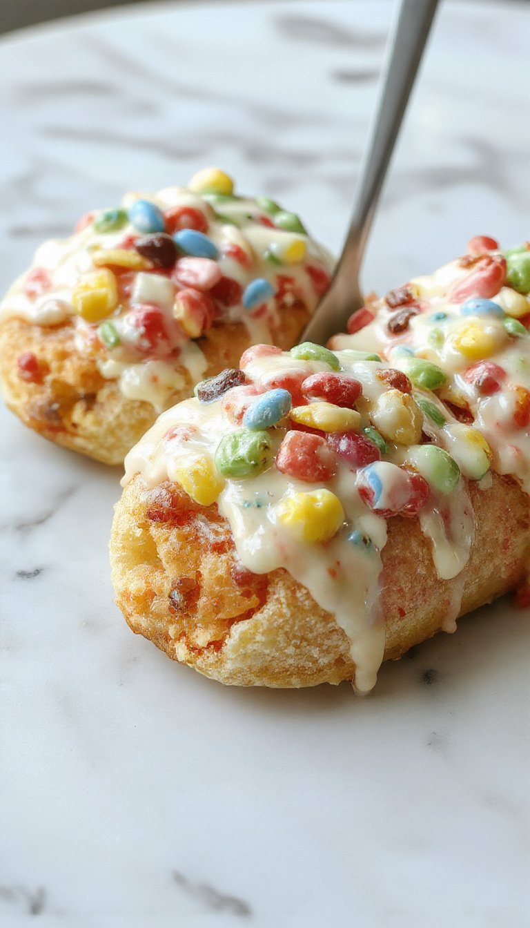 A vibrant plate featuring two crispy taco shells filled with creamy cheesecake, topped with a medley of fresh strawberries, blueberries, and crushed Fruity Pebbles cereal, garnished with mint leaves. The colorful dessert is styled on a rustic wooden surface with scattered cereal pieces and fresh fruit, evoking fun and indulgence.