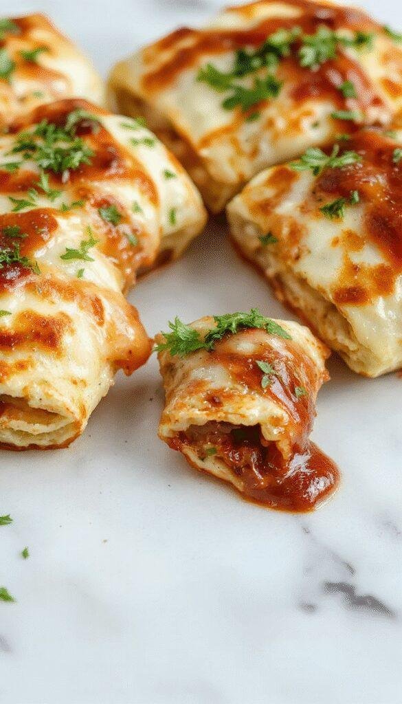 Colorful display of golden-brown tortilla pizza rolls arranged on a white plate, with melted cheese, pepperoni slices, and fresh herbs visible. The snacks are rolled tightly, cut into bite-sized pieces showing gooey cheese and toppings inside. The background features a bright, cheerful kitchen setting with vibrant tableware, making the dish look inviting and playful.