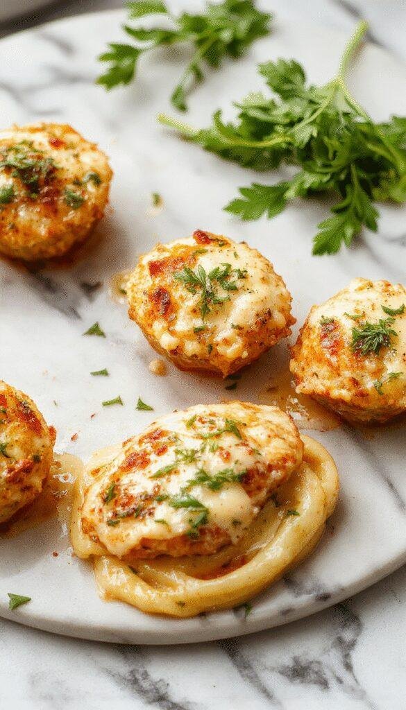 A vibrant plate displaying golden garlic butter chicken bites coated in herbs, served alongside a creamy, cheese-coated pasta with a sprinkle of parsley for garnish, on a rustic wooden table with a soft-focus background, emphasizing the rich textures and enticing aroma.