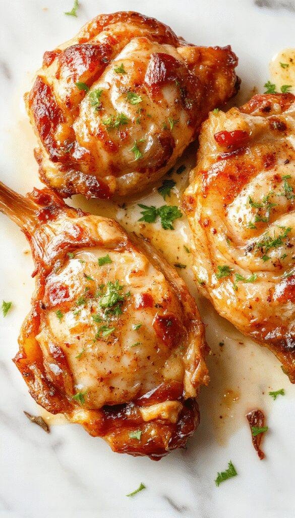 Colorful image of golden-brown garlic butter pork chops arranged on a white plate with a sprig of fresh parsley, served alongside roasted vegetables, all glistening with buttery garlic sauce, with a rustic wooden table background and a touch of fresh lemon slices on the side.