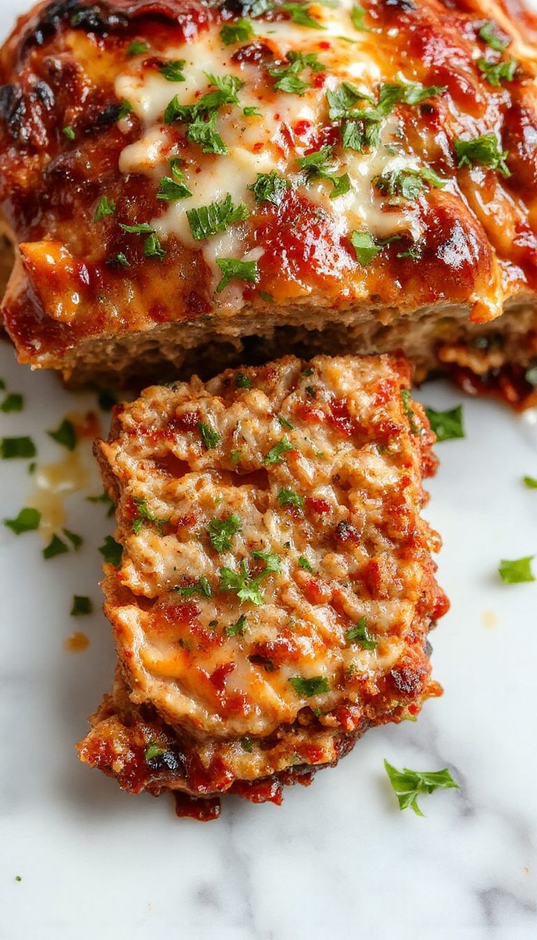 A beautifully plated chicken meatloaf sliced to reveal a moist interior with a golden-brown crust topped with melted Parmesan cheese and sprinkled with fresh garlic and herbs, served on a rustic wooden platter with a side of green garnish, vibrant colors, and textures highlighting the savory dish.