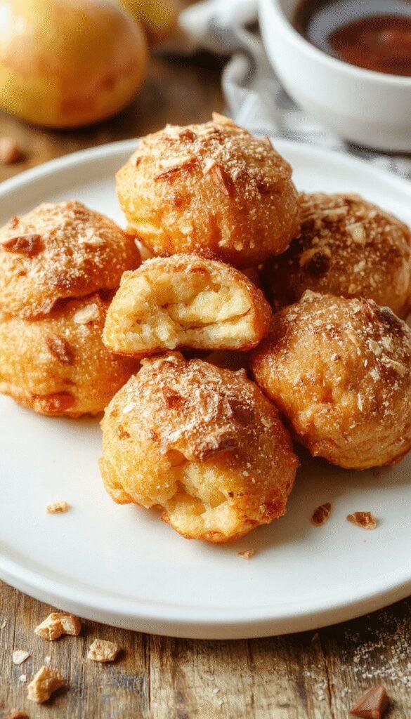 Golden crispy air-fried apple treats with a sweet glaze and cinnamon sprinkled on top, served on a rustic plate.