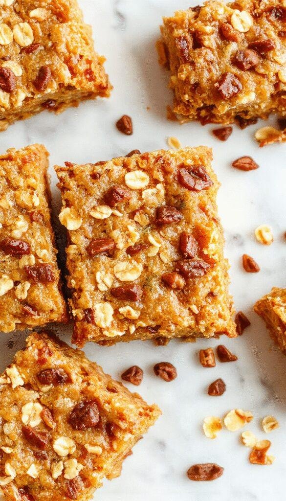 A plate of golden banana oat bars showcasing a crispy, caramelized top with visible oats and banana slices, inviting wholesome delight.