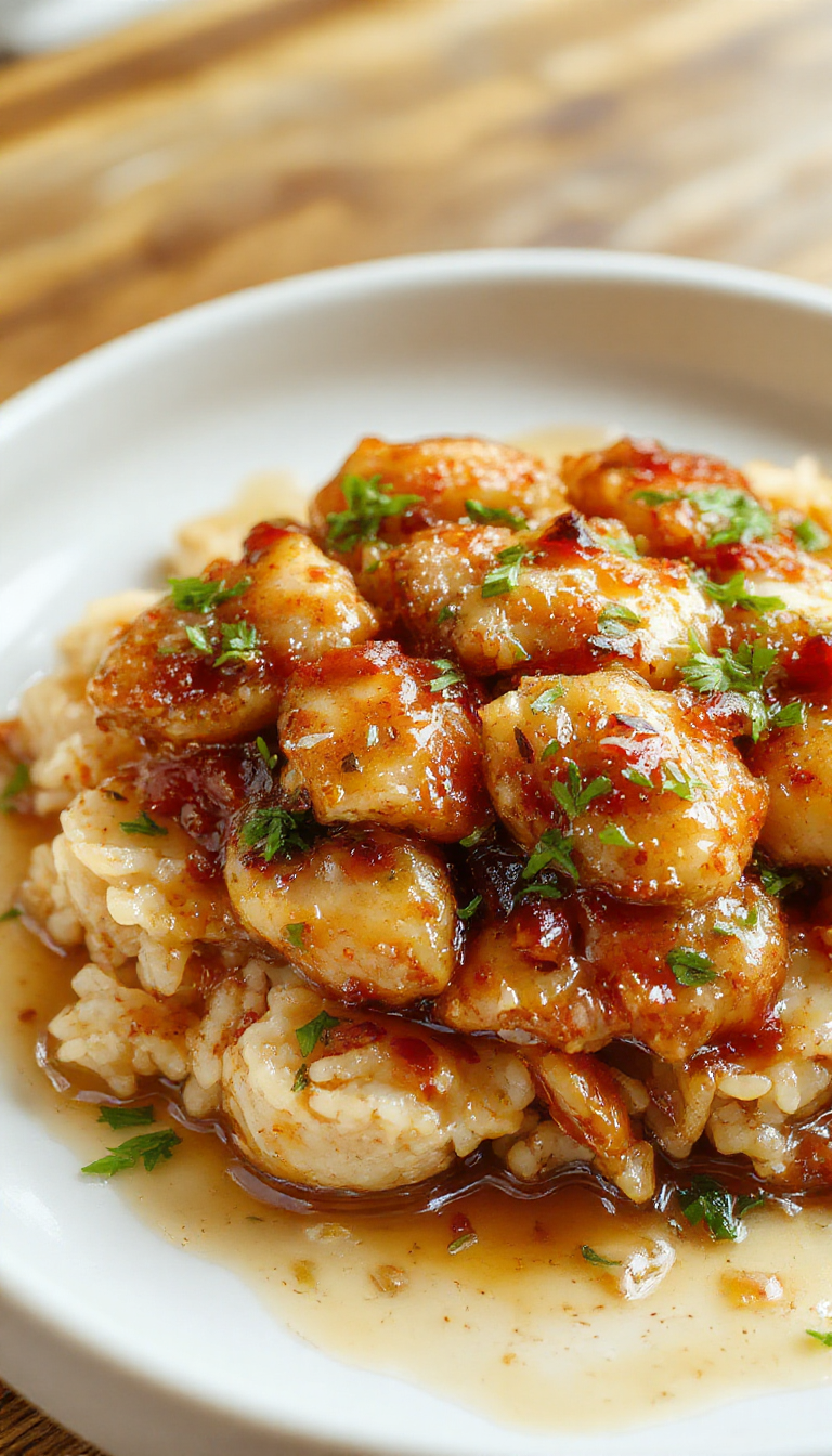 A plate of golden caramelized chicken served alongside fluffy rice, garnished with herbs and caramelized onions, showcasing a savory weeknight meal.