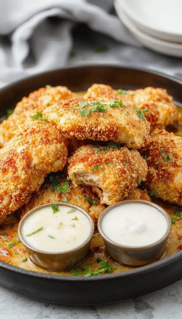 Golden crispy baked chicken strips arranged on a plate with dipping sauces, garnished with herbs.