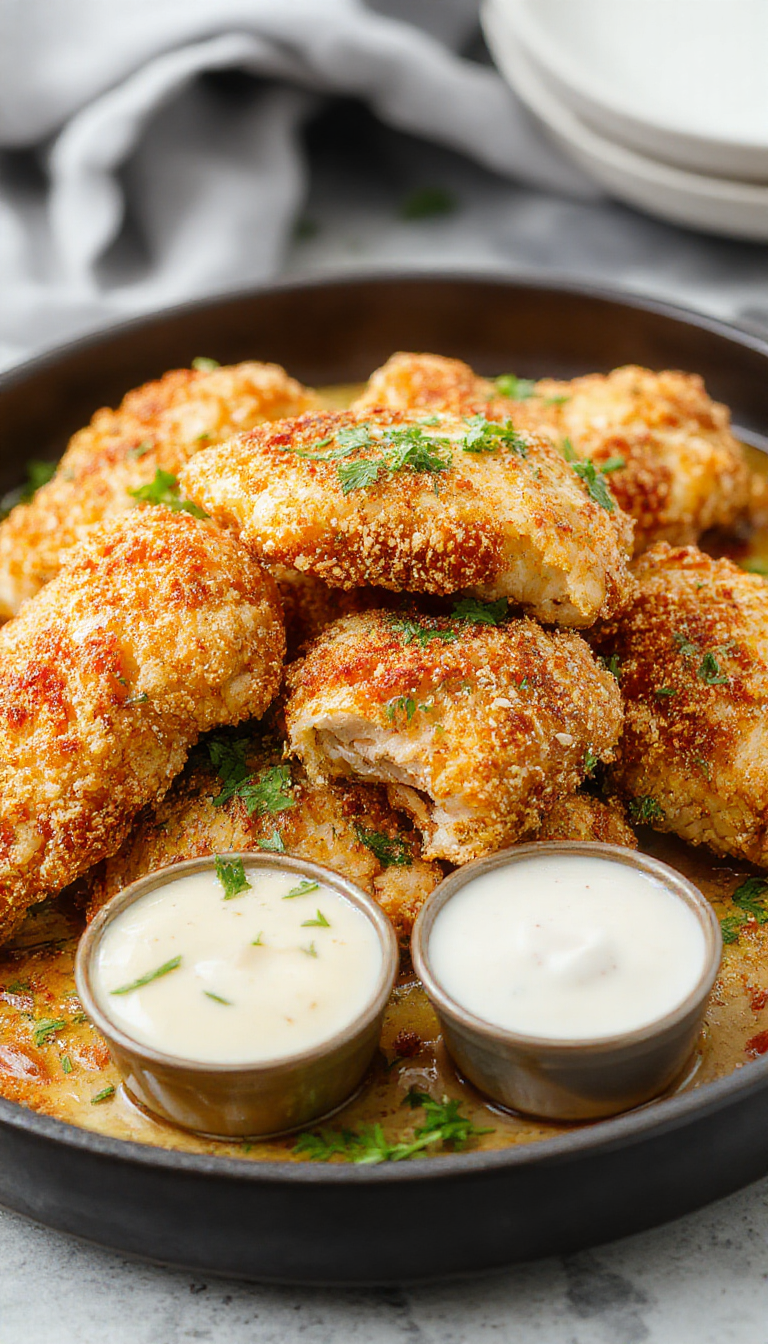 Golden crispy baked chicken strips arranged on a plate with dipping sauces, garnished with herbs.
