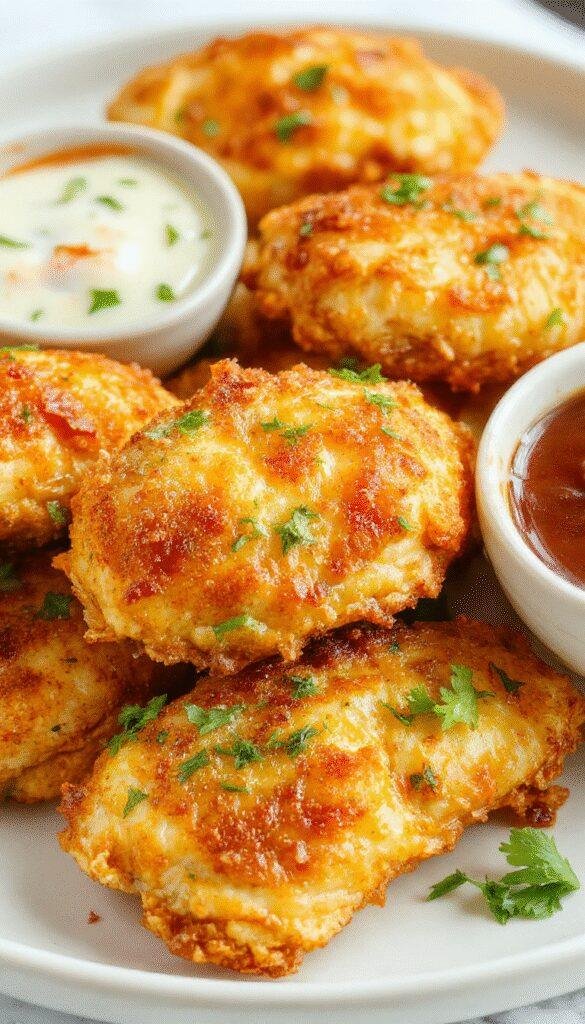 Golden crispy baked chicken tenders served on a rustic plate, accompanied by dipping sauces and fresh salad greens.