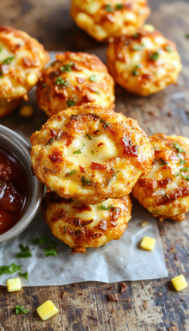 Golden crispy cheese corn fritters on a rustic plate garnished with fresh herbs, crispy edges, and melted cheese inside, ready to serve.