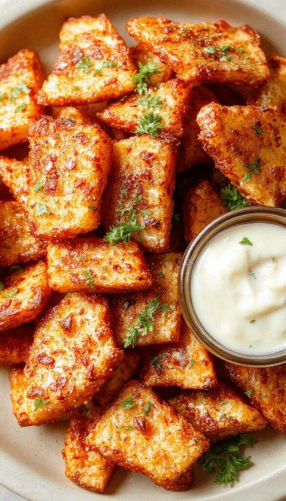 Golden crispy sweet potato fries served on a white plate with a dipping sauce and garnished with fresh herbs.