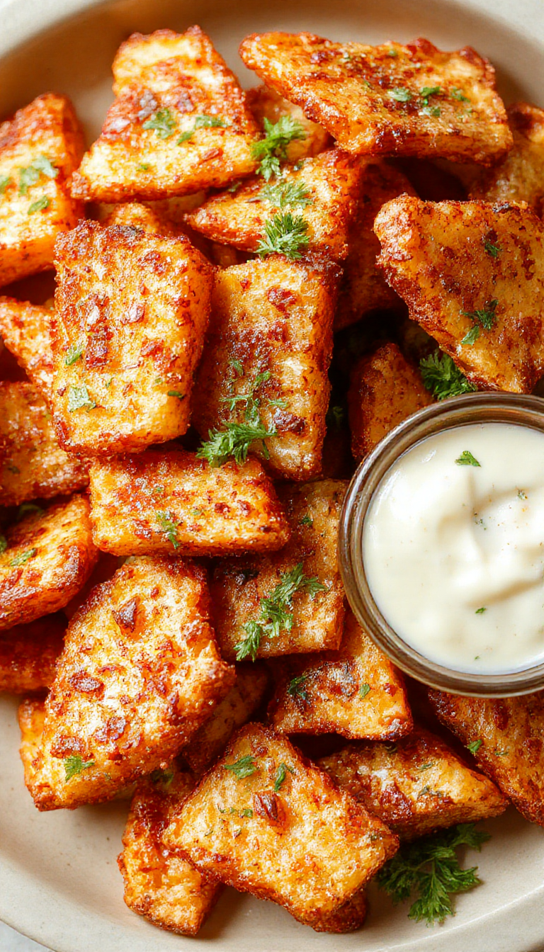 Golden crispy sweet potato fries served on a white plate with a dipping sauce and garnished with fresh herbs.