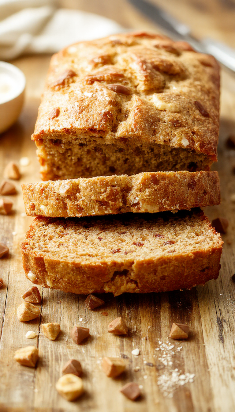 A slice of Golden Greek Yogurt Banana Bread served on a rustic wooden plate, garnished with banana slices and a dusting of cinnamon.