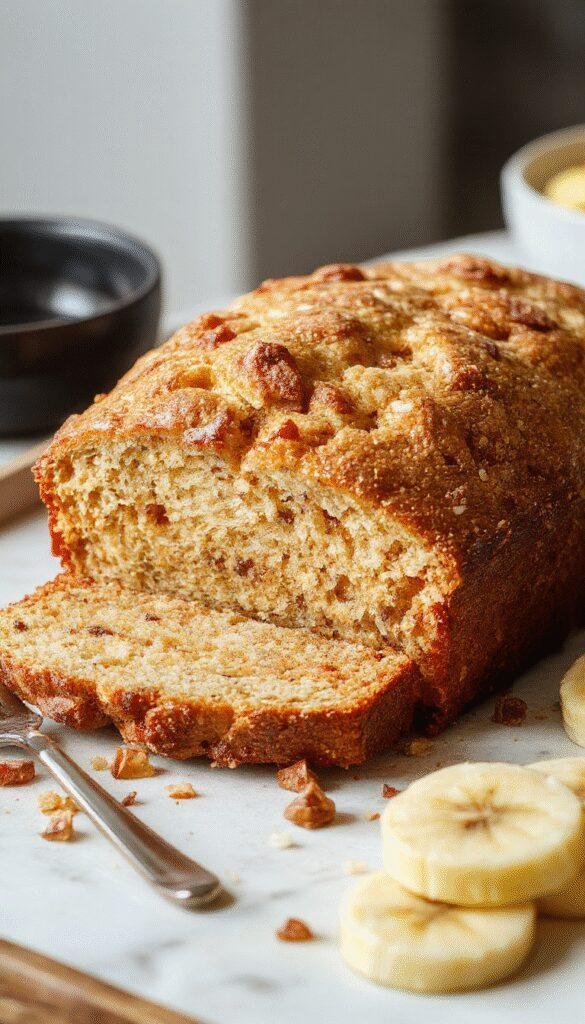 A slice of golden honey vanilla banana bread topped with a drizzle of honey and a sprinkle of vanilla beans, showcasing its fluffy and moist texture.