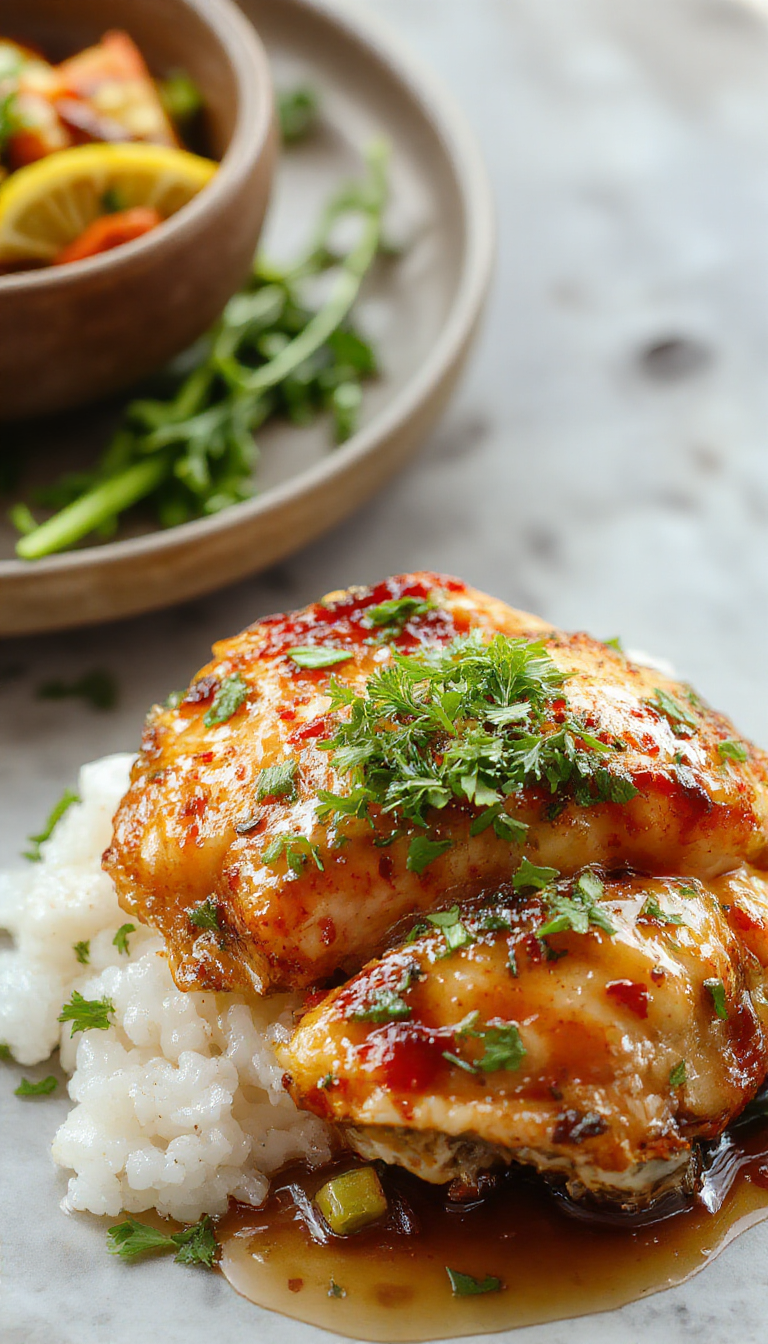 A vibrant plate of Golden Tropical Chicken featuring crispy, golden-brown chicken pieces glazed with sweet and tangy tropical sauce, garnished with fresh pineapple slices and colorful herbs.