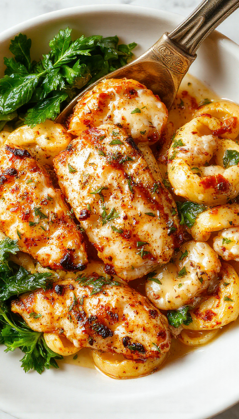 A plate of Grilled Chicken Alfredo featuring tender grilled chicken slices over creamy Alfredo pasta garnished with parsley.