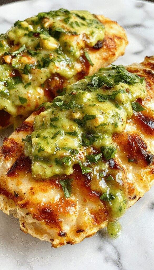 Colorful grilled chicken topped with vibrant green salsa verde, melted pepper jack cheese, garnished with fresh cilantro and lime wedges, presented on a rustic white plate with a smoky background
