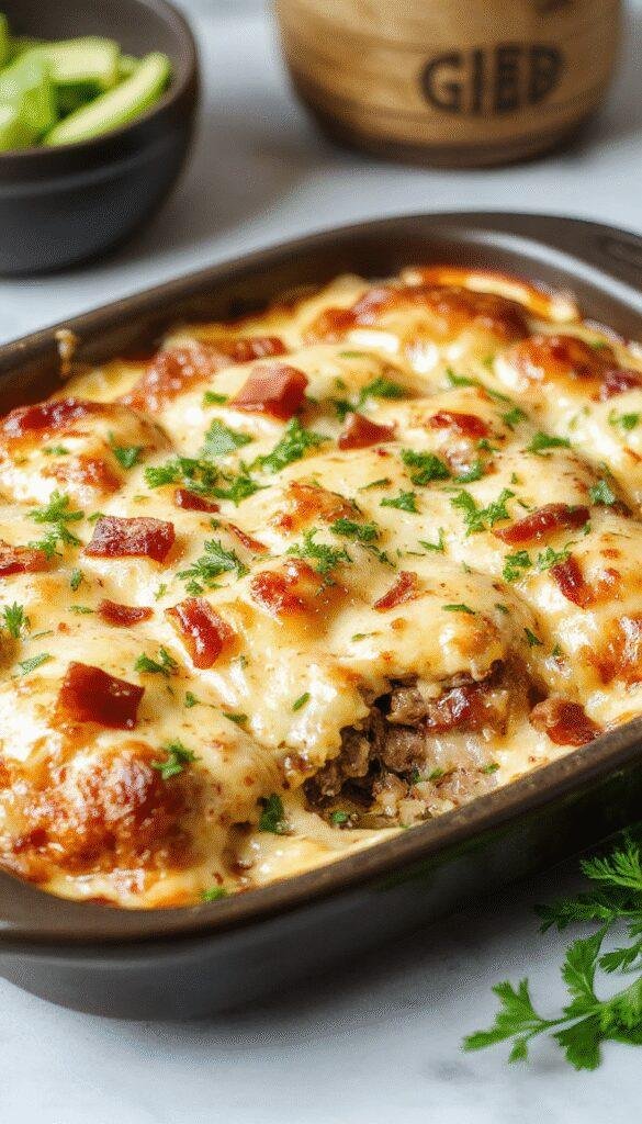 A delicious guilt-free bacon cheeseburger bake served in a baking dish, topped with melted cheese, crispy bacon strips, and fresh herbs.