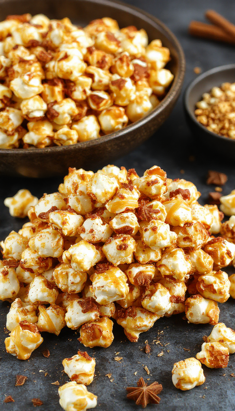 A close-up of Harvest Spice Caramel Corn, showcasing golden popcorn coated in rich caramel and sprinkled with autumn spices, perfect for Halloween.
