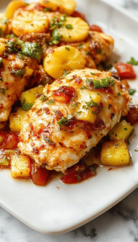 Colorful sheet pan Hawaiian chicken dish featuring golden-brown chicken breasts topped with pineapple chunks and vibrant red and green bell peppers, all arranged neatly on a rustic baking sheet with a hint of herbs sprinkled over.