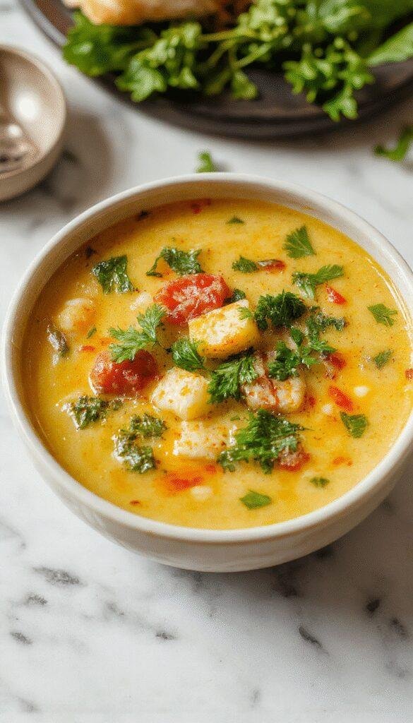A vibrant bowl of Italian Penicillin Soup featuring clear golden broth topped with fresh green herbs, diced chicken, colorful vegetables, and a sprinkle of Parmesan cheese, served on a rustic wooden table with fresh bread on the side.