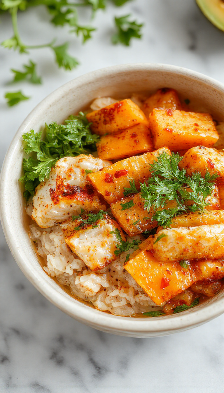 Colorful presentation of a healthy chicken and sweet potato rice bowl on a rustic plate, topped with fresh herbs, vibrant vegetables, and a drizzle of sauce, highlighting textures and fresh ingredients.