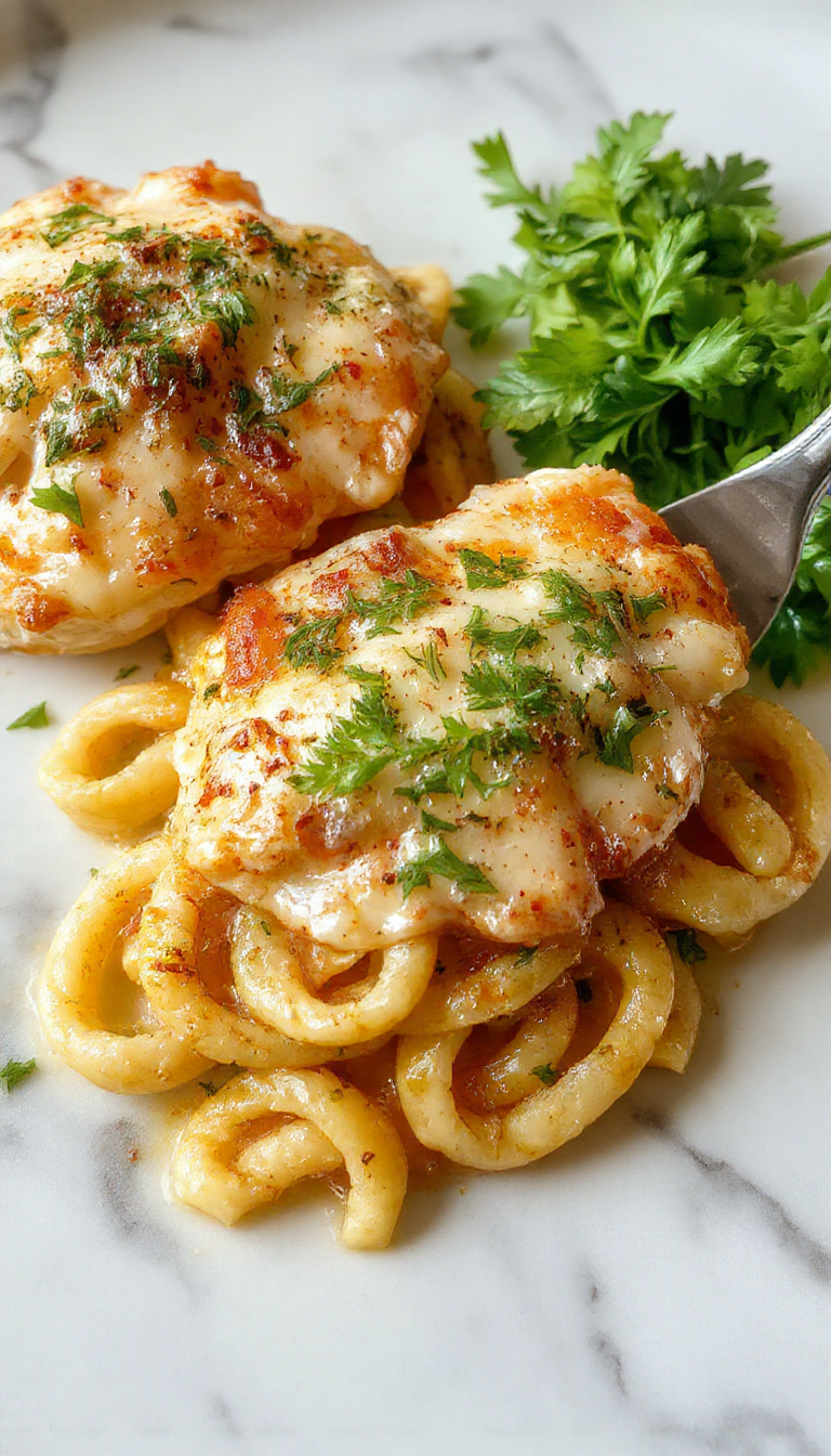A vibrant plate of garlic parmesan chicken pasta featuring golden-brown grilled chicken slices atop a bed of steaming pasta coated in creamy parmesan sauce, garnished with fresh parsley and grated cheese, arranged on a white ceramic plate with a rustic wooden background.