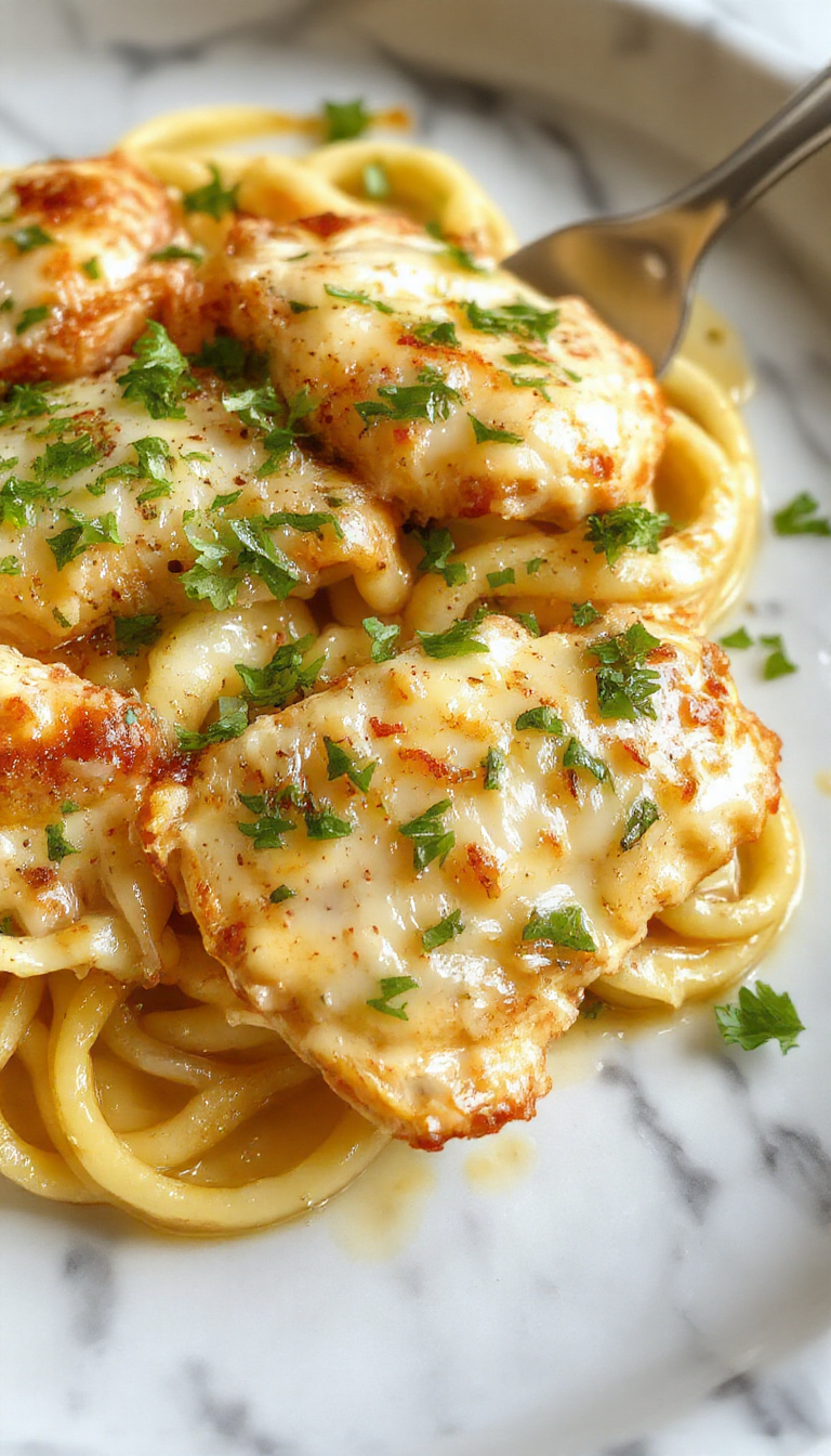A vibrant plate of garlic Parmesan chicken pasta featuring golden grilled chicken slices atop al dente pasta coated in creamy garlic Parmesan sauce. The dish is garnished with fresh parsley and grated Parmesan cheese, served on a white ceramic plate with a rustic wooden background, highlighting its creamy texture and rich flavor.