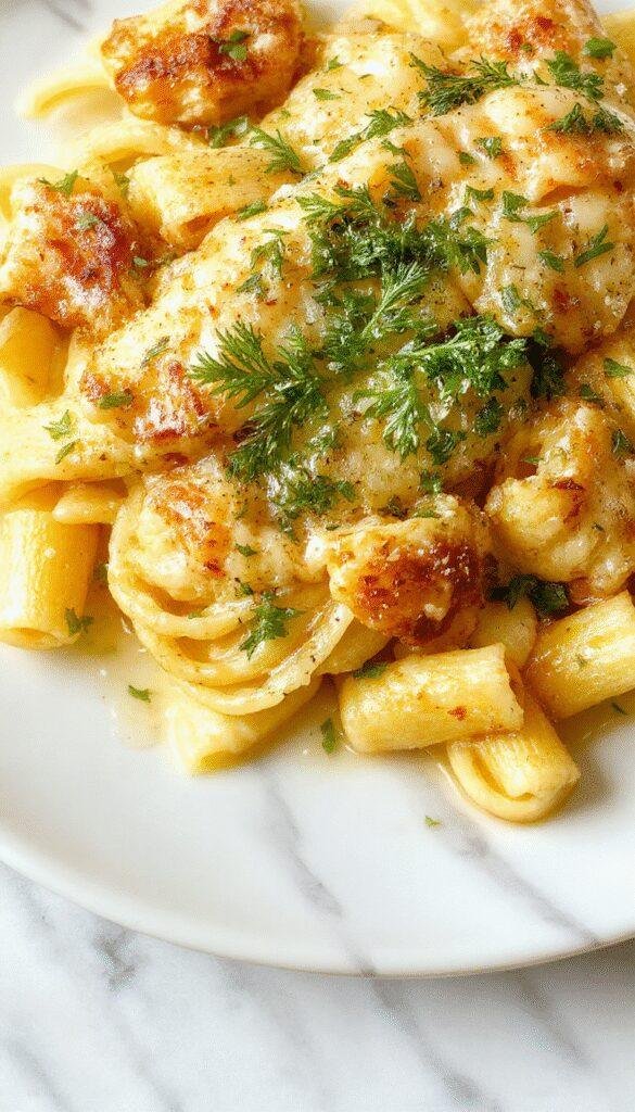 A vibrant plate of garlic parmesan chicken pasta featuring tender sliced chicken breasts coated in a creamy garlic sauce, sprinkled with grated parmesan cheese, garnished with chopped parsley, and served on a white ceramic plate. The dish showcases golden-brown chicken pieces and al dente pasta with a rich, cheesy appearance, styled elegantly with fresh herbs and a rustic wooden table background.