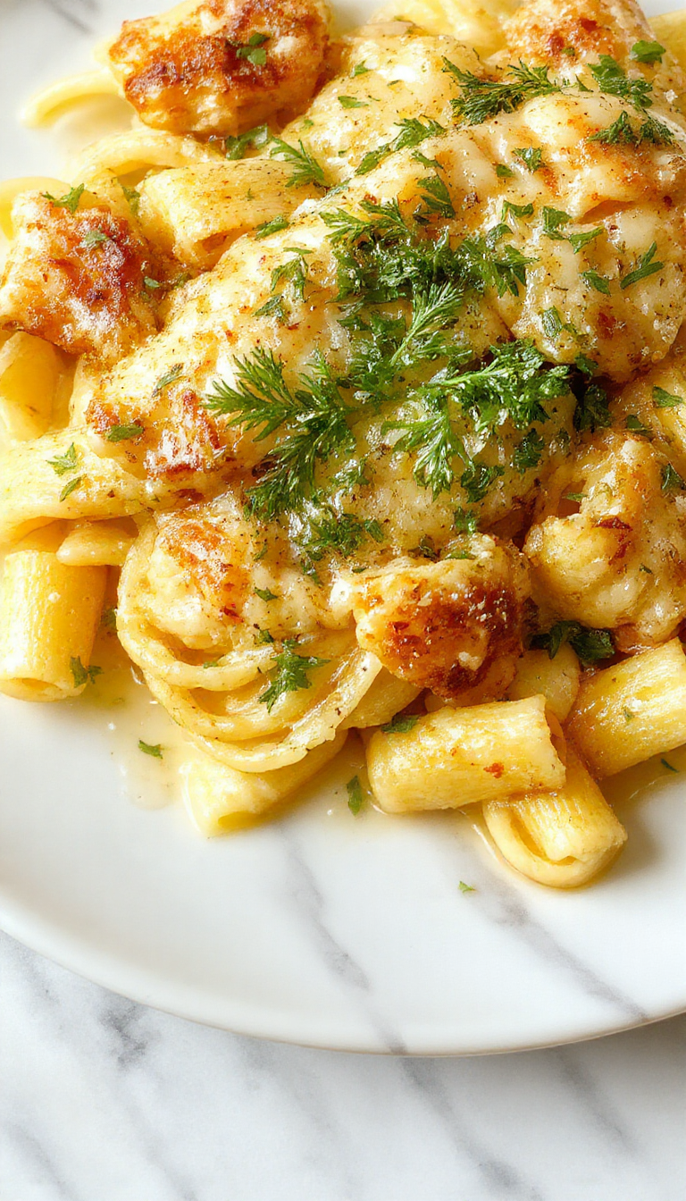 A vibrant plate of garlic parmesan chicken pasta featuring tender sliced chicken breasts coated in a creamy garlic sauce, sprinkled with grated parmesan cheese, garnished with chopped parsley, and served on a white ceramic plate. The dish showcases golden-brown chicken pieces and al dente pasta with a rich, cheesy appearance, styled elegantly with fresh herbs and a rustic wooden table background.
