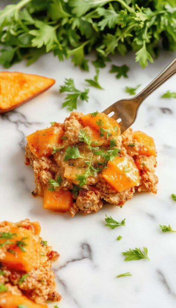 Colorful ground turkey and sweet potato casserole served in a rustic white dish, garnished with fresh herbs, with golden-brown crispy edges, vibrant orange sweet potatoes, and tender ground turkey, styled for a cozy dinner setting.