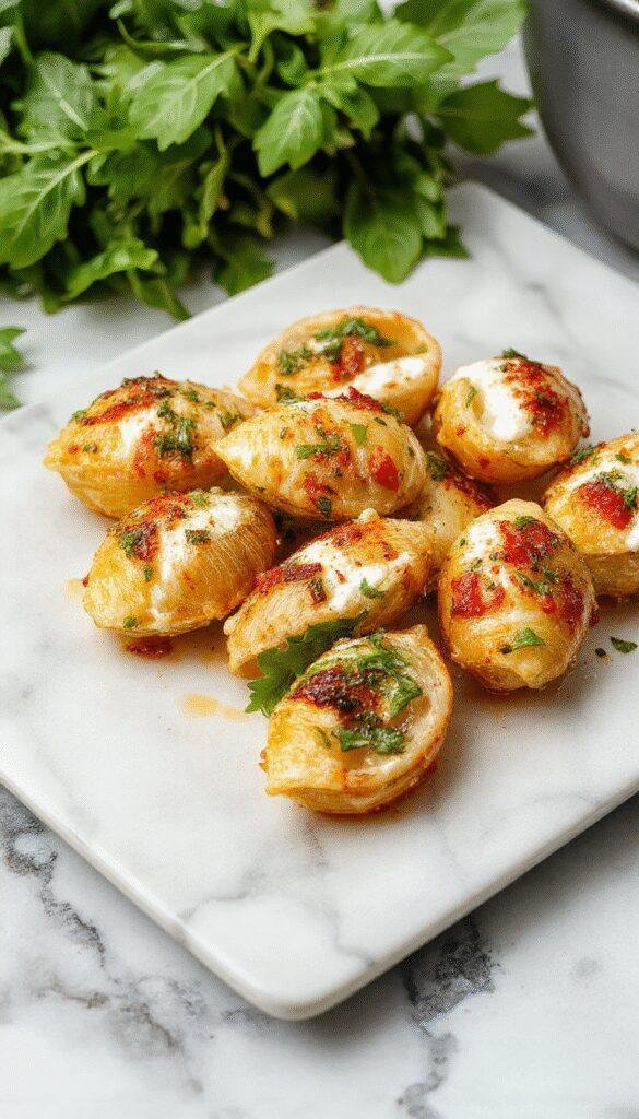 A vibrant plate of stuffed pasta shells filled with creamy ricotta and fresh spinach, topped with melted cheese and garnished with basil, served on a white plate with a rustic wooden table background, capturing the rich textures and colorful presentation.