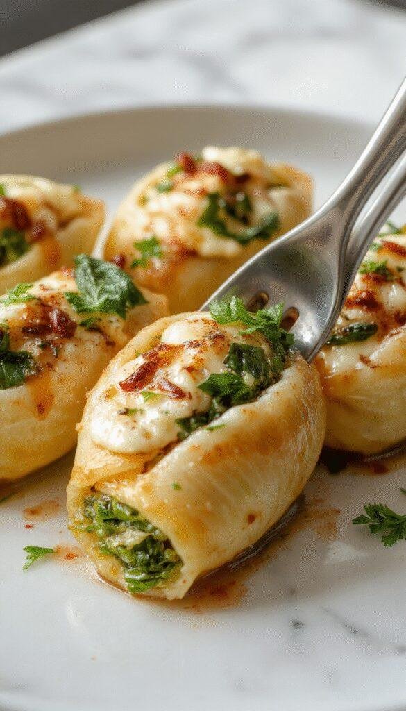 A close-up of large, golden-baked pasta shells filled with creamy spinach and ricotta cheese, topped with melted cheese and garnished with fresh basil, arranged on a white platter against a rustic background.
