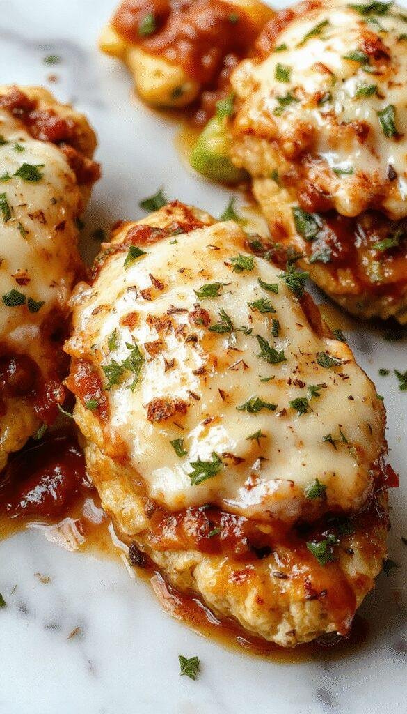 A golden-brown baked chicken parmesan topped with melted mozzarella cheese and marinara sauce, served on a white plate garnished with fresh basil, with a side of pasta and a sprig of basil on top, vibrant red tomato sauce contrasts with the crispy breaded chicken and melted cheese, all styled on a rustic wooden table.