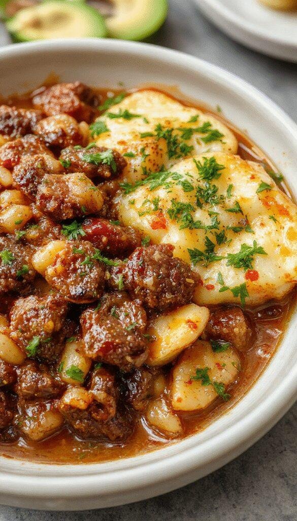 A close-up of a hearty beef and orzo bake served in a casserole dish, topped with melted cheese and fresh herbs, steaming and inviting.