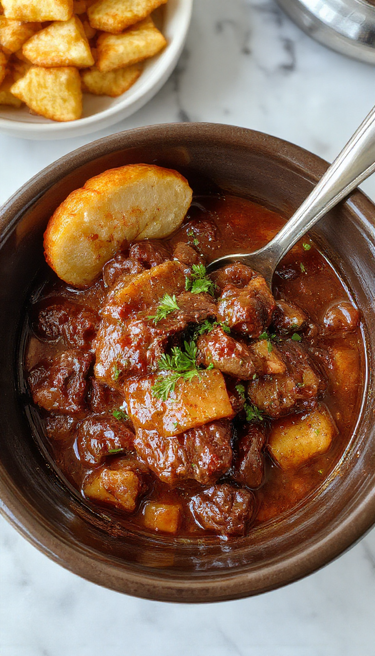 A rustic bowl filled with tender beef chunks, carrots, potatoes, and peas in a rich, savory broth. The stew is garnished with fresh herbs and presented on a wooden table with a spoon resting beside the bowl.
