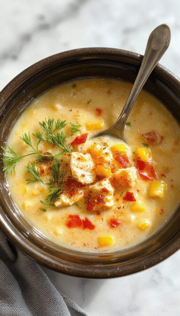 A steaming bowl of creamy chicken corn chowder with tender chunks of chicken and bright yellow corn kernels garnished with fresh herbs, served on a rustic wooden table with a spoon resting on the side and a colorful napkin for a warm, inviting scene.