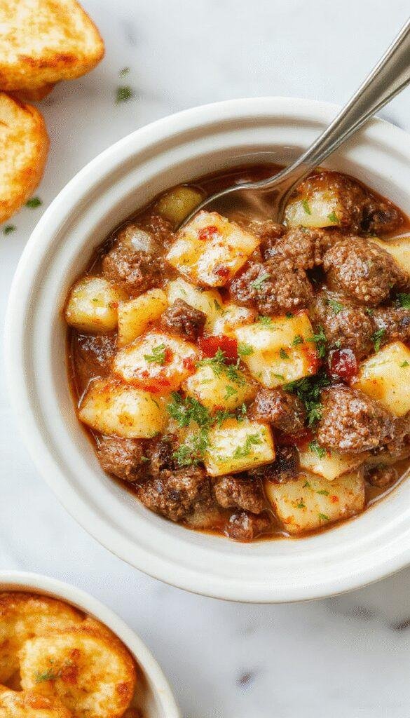 A rustic bowl filled with a golden-brown casserole featuring tender chunks of hamburger and sliced potatoes topped with melted cheese, garnished with chopped parsley. The dish is set on a wooden table with a spoon resting beside it, showcasing a hearty, cheesy, and savory appearance with crispy edges and a creamy interior.