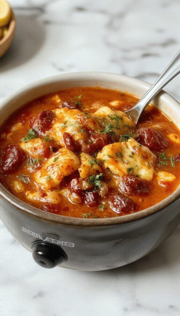 A vibrant bowl of crockpot lasagna soup featuring layers of melted cheese, rich tomato broth, and tender pasta topped with fresh basil and grated Parmesan, presented on a rustic wooden table with a serving spoon and garlic bread in the background.