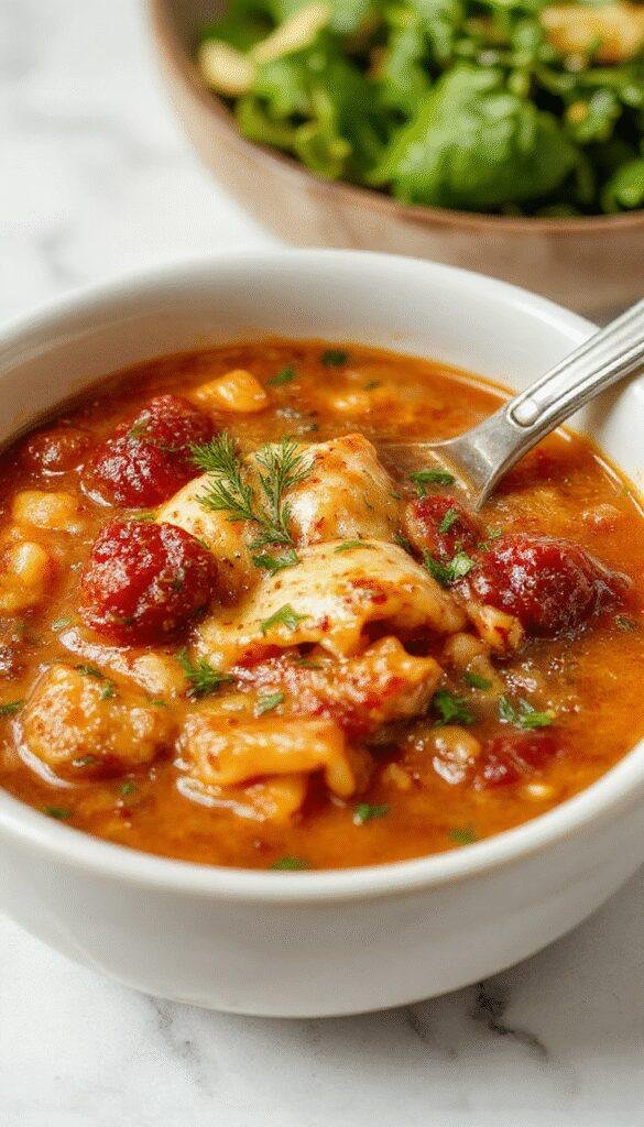 A steaming bowl of rich lasagna soup topped with melted cheese, garnished with fresh basil leaves, and surrounded by crunchy crackers on a rustic wooden table.