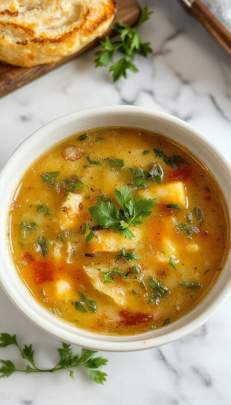 A steaming bowl of Italian Penicillin Soup features a rich, creamy broth with vibrant green herbs, tender chunks of chicken, and colorful vegetables. The soup is garnished with fresh parsley and a drizzle of olive oil, served in a rustic white bowl on a wooden table, with crusty bread and a lemon wedge nearby.