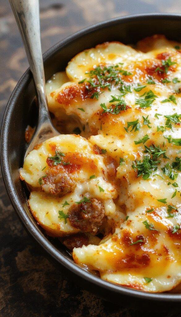 A savory Hearty Ranch & Sausage Potato Bake served in a baking dish, featuring golden potatoes, sausage slices, and a creamy ranch sauce, garnished with herbs.