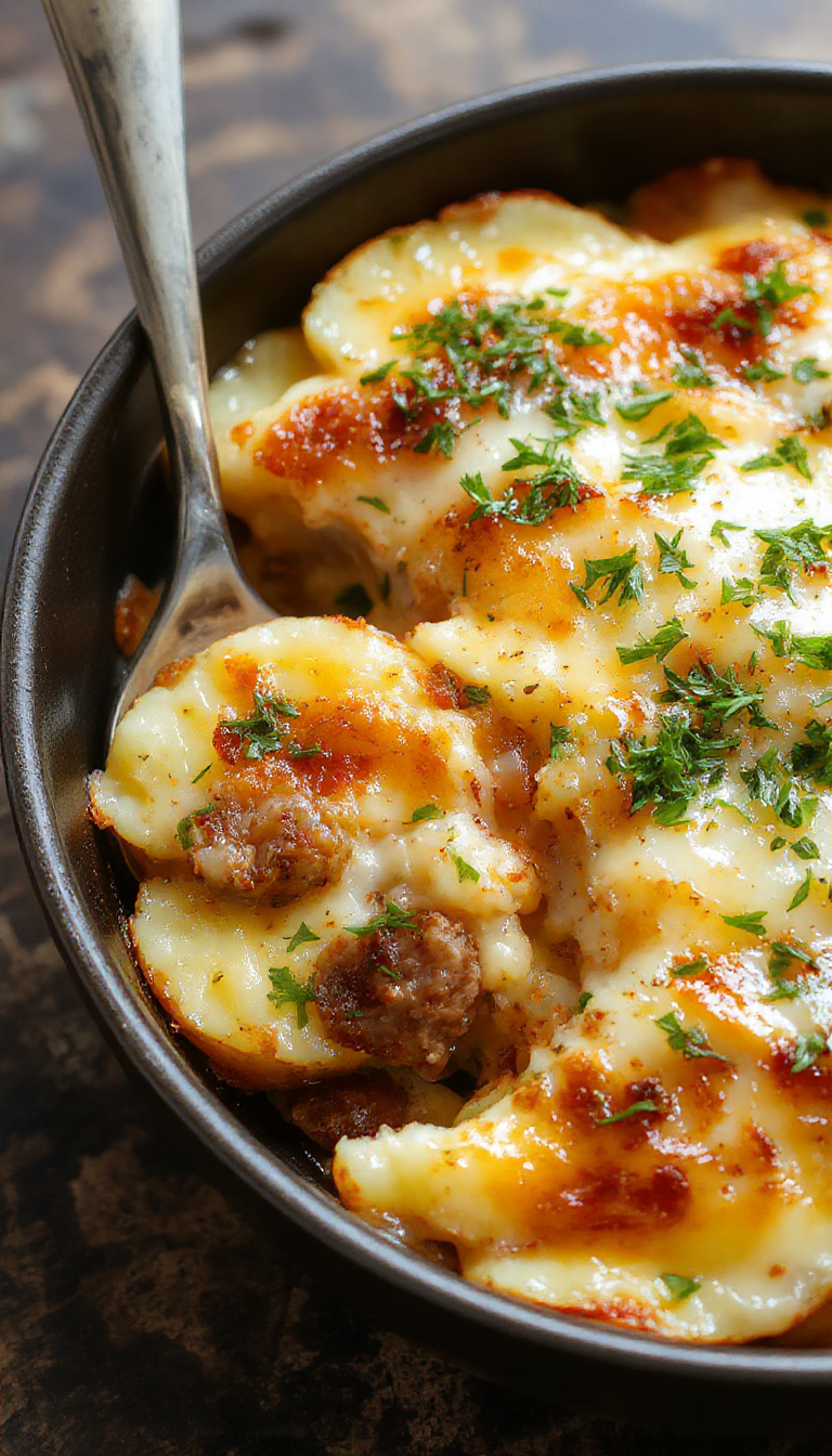 A savory Hearty Ranch & Sausage Potato Bake served in a baking dish, featuring golden potatoes, sausage slices, and a creamy ranch sauce, garnished with herbs.