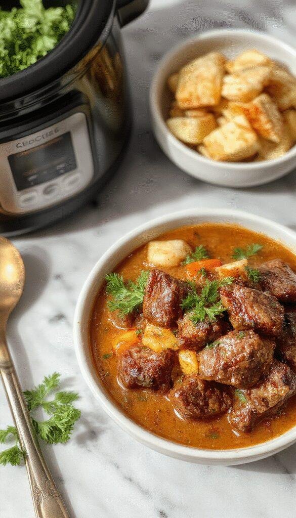 A steaming bowl of beef coconut curry garnished with fresh cilantro, showcasing tender beef chunks in a rich, creamy coconut sauce with hints of spice, served on a rustic white plate with a side of jasmine rice and vibrant vegetables in the background.