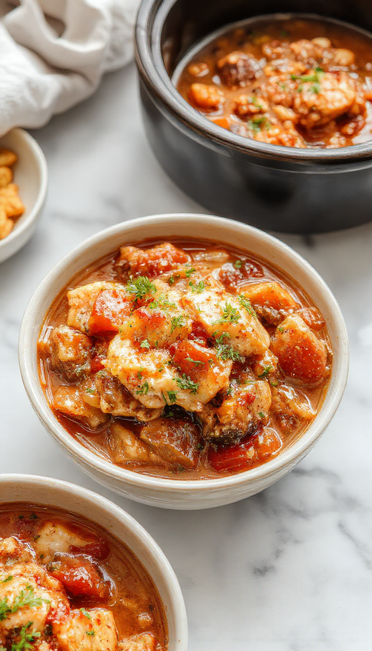 A warm, rustic bowl of slow cooker chicken stew with tender shredded chicken, vibrant carrots, potatoes, and celery, topped with fresh herbs, served on a wooden table with a spoon and crusty bread in the background.