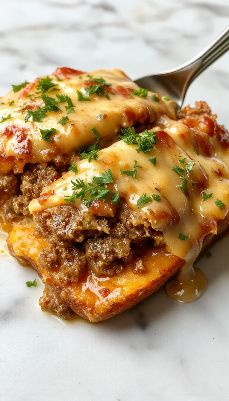 A colorful baked dish featuring golden roasted sweet potato slices layered with seasoned ground turkey, topped with melted cheese and garnished with fresh herbs, presented on a rustic white plate with a side of green salad.