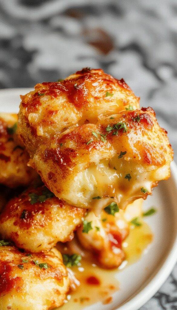 A close-up of a baked casserole topped with crispy Tater Tots, melted cheese, and fresh herbs, steaming and inviting on a rustic baking dish.