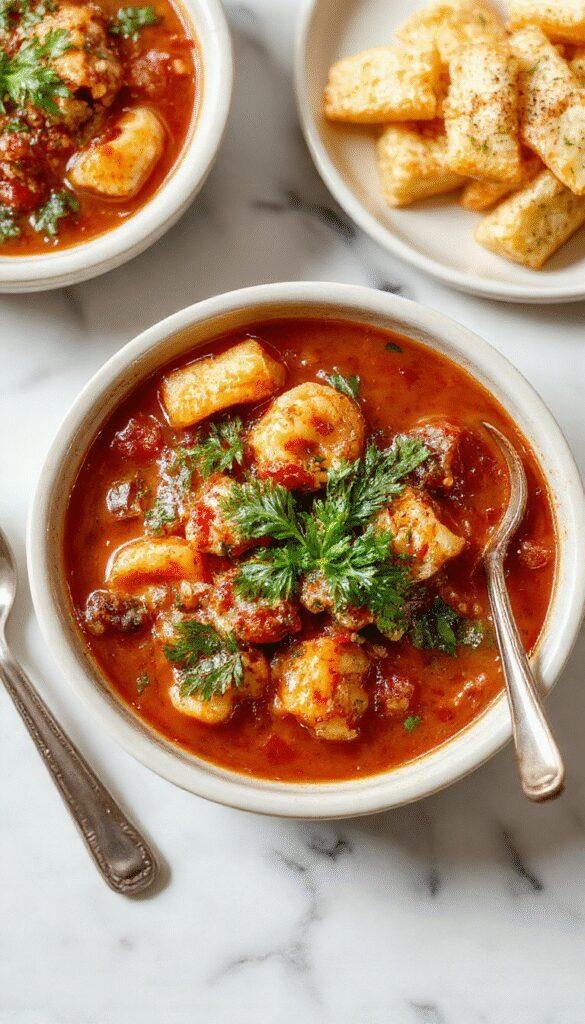 A steaming bowl of tomato tortellini soup garnished with fresh basil, with round tortellini floating in a vibrant red tomato broth, topped with a sprinkle of grated cheese and herbs, served on a rustic white plate with a spoon beside it.