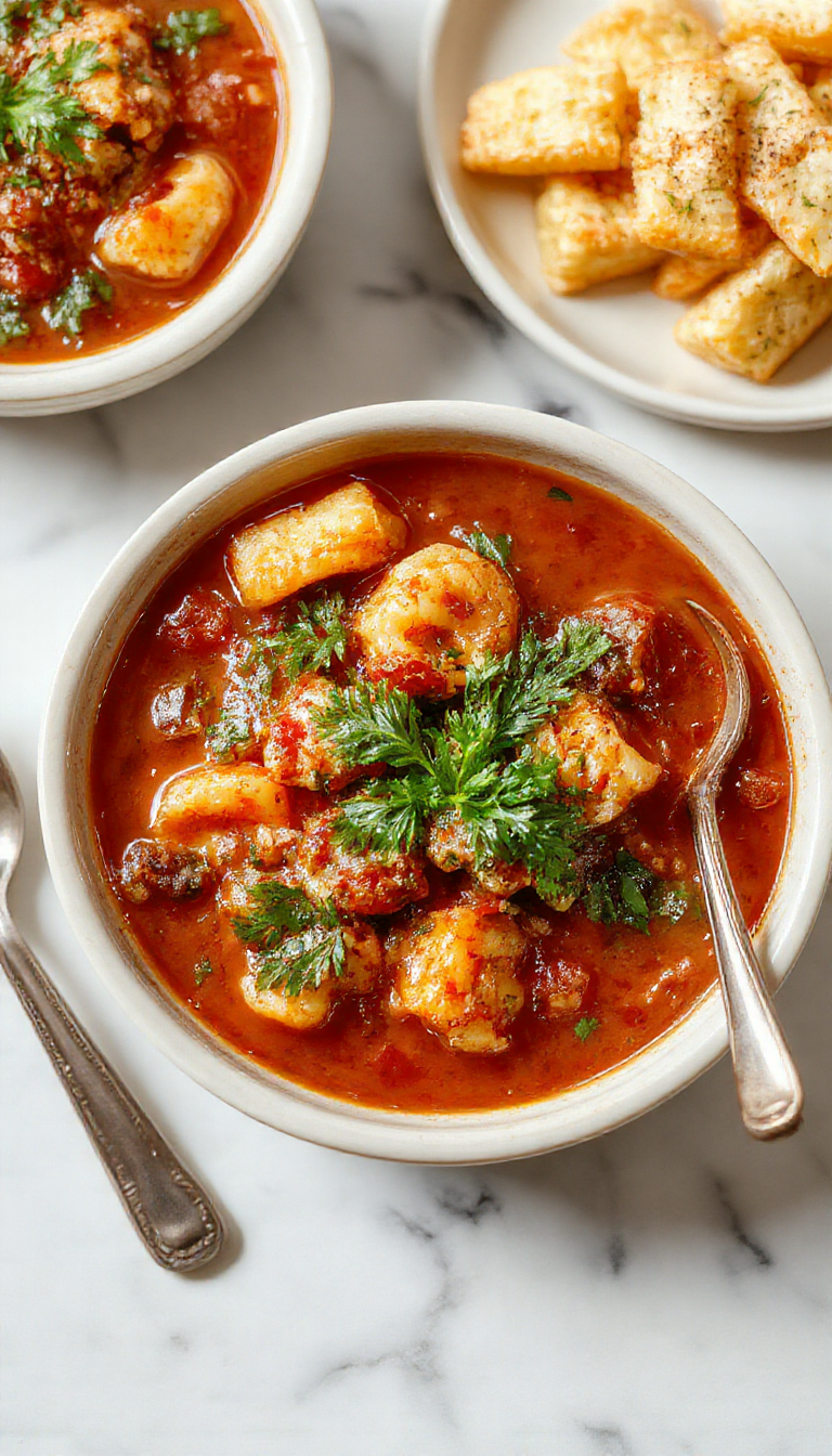 A steaming bowl of tomato tortellini soup garnished with fresh basil, with round tortellini floating in a vibrant red tomato broth, topped with a sprinkle of grated cheese and herbs, served on a rustic white plate with a spoon beside it.
